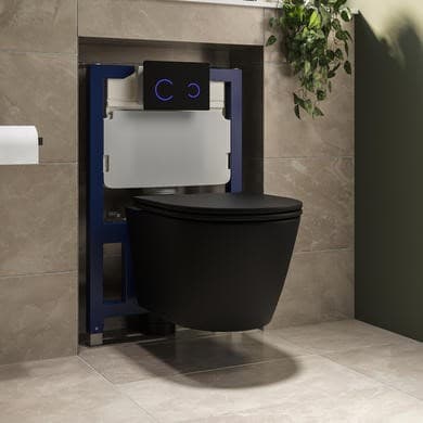 Matt Black Wall Hung Rimless Toilet with Soft Close Seat, Black Glass Sensor Flush Plate, 820mm Frame & Cistern – Newport