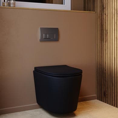 Matt Black Wall Hung Rimless Toilet with Soft Close Seat, Chrome Pneumatic Flush Plate, 820mm Frame & Cistern – Verona