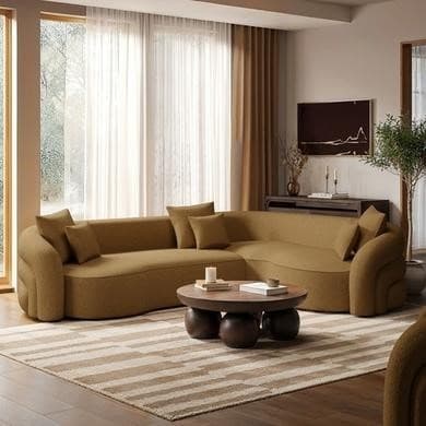 Caramel Brown Chenille Right Hand Facing 4 Seater Curved Corner Sofa - Zuri
