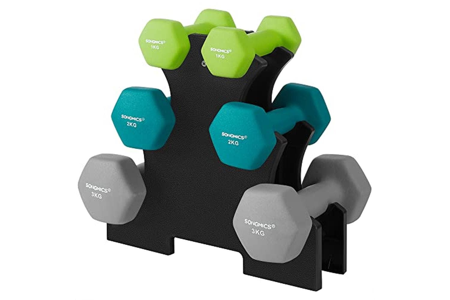 Songmics Hex Dumbbells Set With Stand | Neoprene Coated Hand Weights | 1 Kg, 2 Kg, 3 Kg