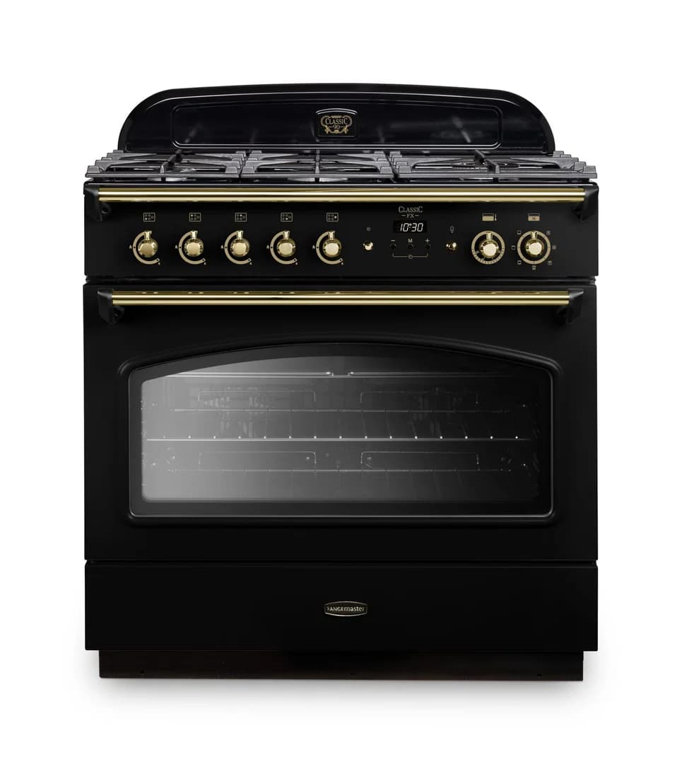 Rangemaster Classic FX 90 Dual Fuel 90cm Range Cooker | Black with Brass Trim