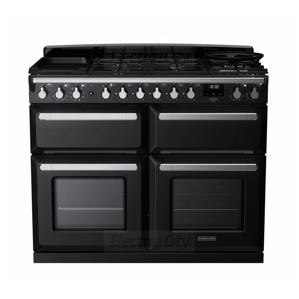 Rangemaster Estel Deluxe 110cm Dual Fuel Range Cooker with Slow Cook Oven | Black with Chrome Trim