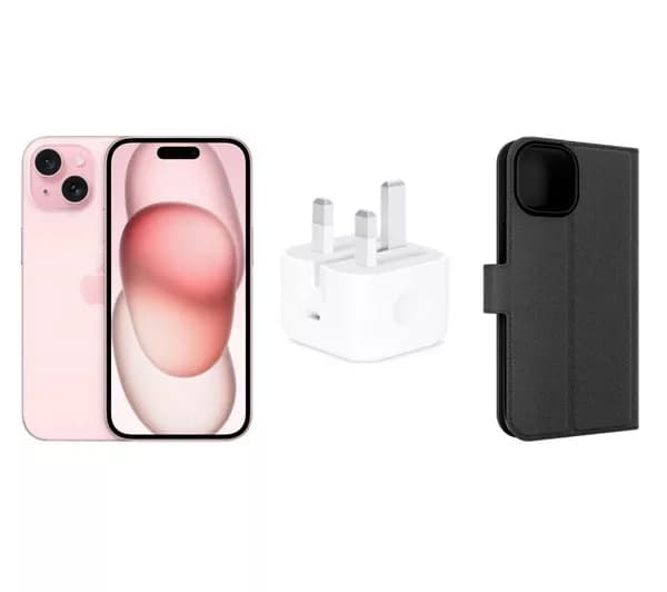 APPLE iPhone 15 (128 GB, Pink), Folio Case (Black) & 20 W USB Type-C Power Adapter Bundle
