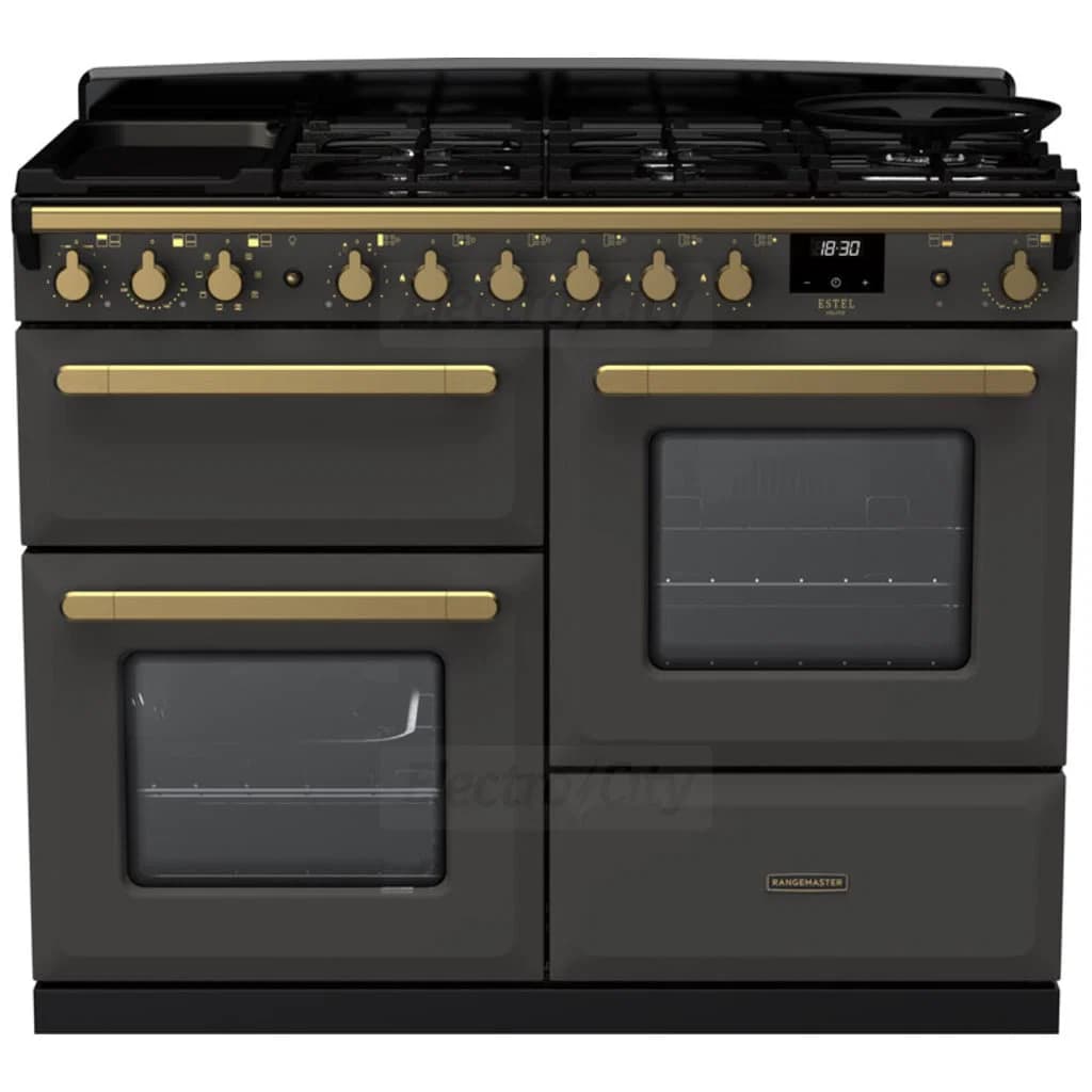 Rangemaster Estel Deluxe 110cm Dual Fuel Range Cooker | Slate with Brass Trim