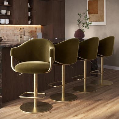Set of 4 Olive Green Velvet Adjustable Swivel Bar Stools with Gold Base - Ronnie
