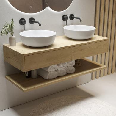 1200mm Wood Effect Wall Hung Countertop Double Vanity Unit with Round Basins and Shelf - Lugo