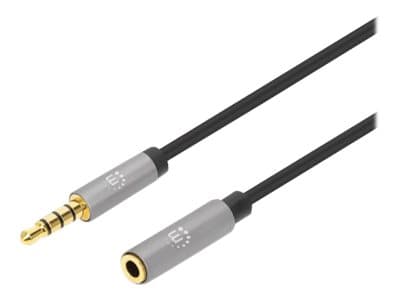 MANHATTAN - Stereo Audio 3.5mm Extension Cable, 3m, Male/Female, Slim Design, Black/Silver, Premium with 24 karat gold plated contacts and pure oxygen-free copper (OFC) wire, Lifetime Warranty, Polybag - audio extension cable - 3 m