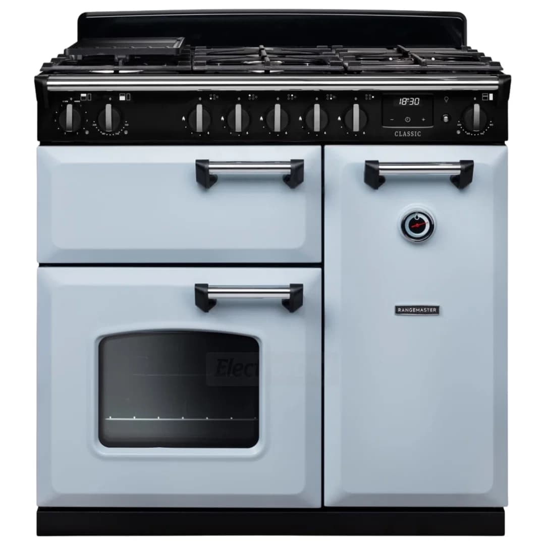 Rangemaster Classic 90cm Dual Fuel Range Cooker | Misty Blue &amp; Chrome