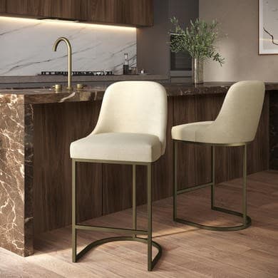 Callie Beige Upholstered Kitchen Stool with Brass Legs