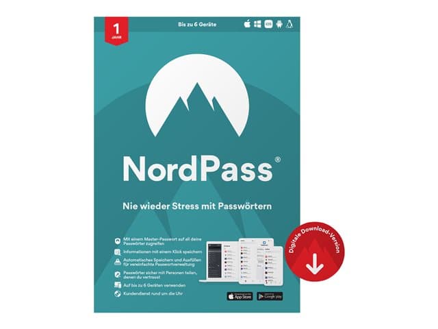 NORDVPN - NordPass Premium - Subscription licence (1 year) - 6 devices - ESD - Win, Mac, Android, iOS, Linux