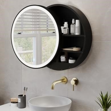 Black Sliding Bathroom Mirror Cabinet with Lights 600 x 600mm - Elara