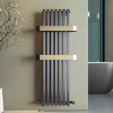 Gunmetal Vertical Single Panel Radiator with Brass Towel Bars 1200 x 500mm - Iraya