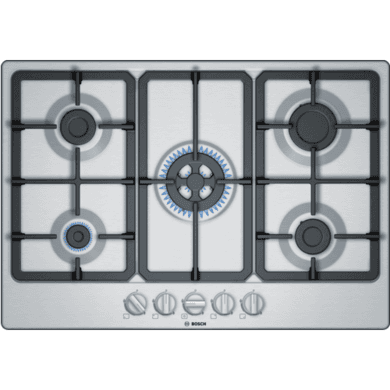 Refurbished Bosch PGQ7B5B90 75cm Five Burner Gas Hob With Cast Iron Pan Stands Stainless Steel