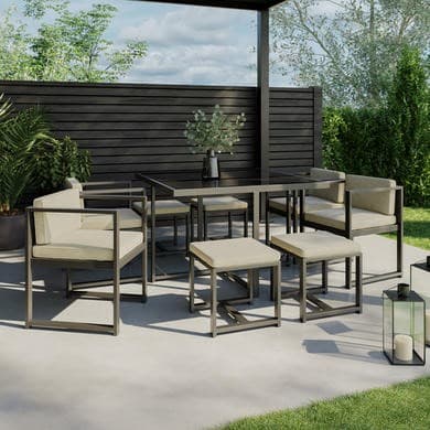 8 Seater Grey Metal Cube Garden Dining Set with Cream Chairs