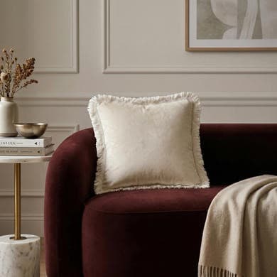 Jora Beige Velvet Fibre Filled Fringed Sofa Scatter Cushion