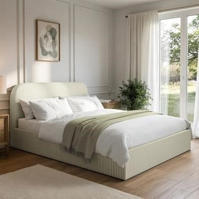 Cream Sage Striped - Upholstered End-lift Ottoman Storage Bed - Zara