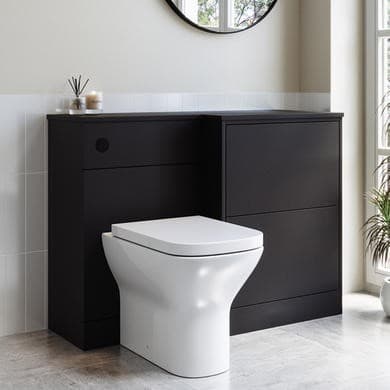 1100mm Black Right Hand Toilet and Sink Unit with Round Toilet and Matt Black Push Button - Palma