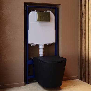 Matt Black Wall Hung Rimless Toilet Soft Close Seat, Brushed Brass Pneumatic Flush Plate, 1168mm Frame & Cistern – Verona