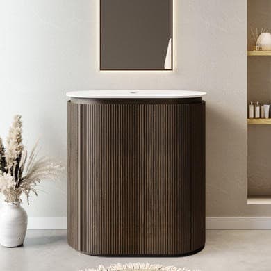 800mm Walnut Wood Effect Curved Fluted Freestanding Countertop Vanity Unit with Basin – Matira