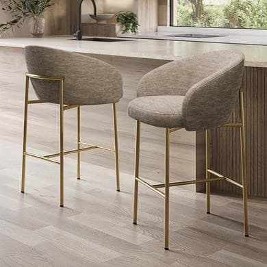 Cora Mink Upholstered Kitchen Stools with Brass Legs and Back