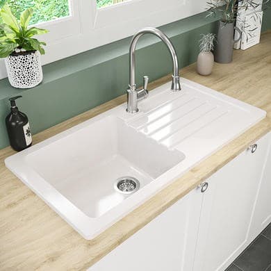 1 Bowl White Reversible Ceramic Inset Kitchen Sink with Chrome Pull Out Mixer Tap Set - Taylor & Moore