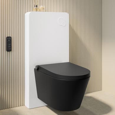Matt Black Wall Hung Smart Bidet Japanese Toilet With White Glass Cabinet, Frame, Cistern & Pneumatic Dual Flush Button - Purificare