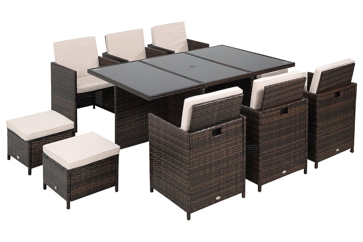 Outsunny 11 Seater Rattan Dining Set with Parasol Hole | Brown