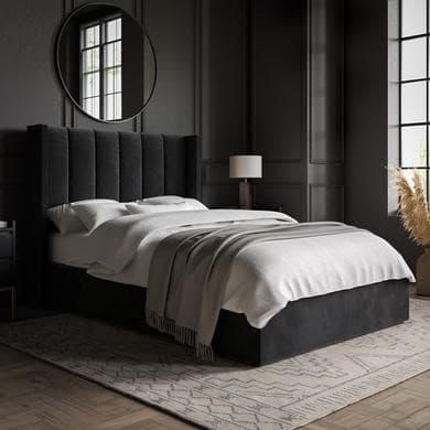 Black - Velvet End-Lift Ottoman Storage Bed with Winged Headboard - Maddox
