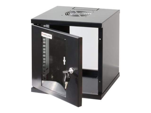 INTELLINET - Network Cabinet, Wall Mount (Standard), 6U, Usable Depth 265mm/Width 239mm, Black, Assembled, Max 60kg, Metal & Glass Door, Back Panel, Removeable Sides,Suitable also for use on desk or floor, 10",Parts for wall