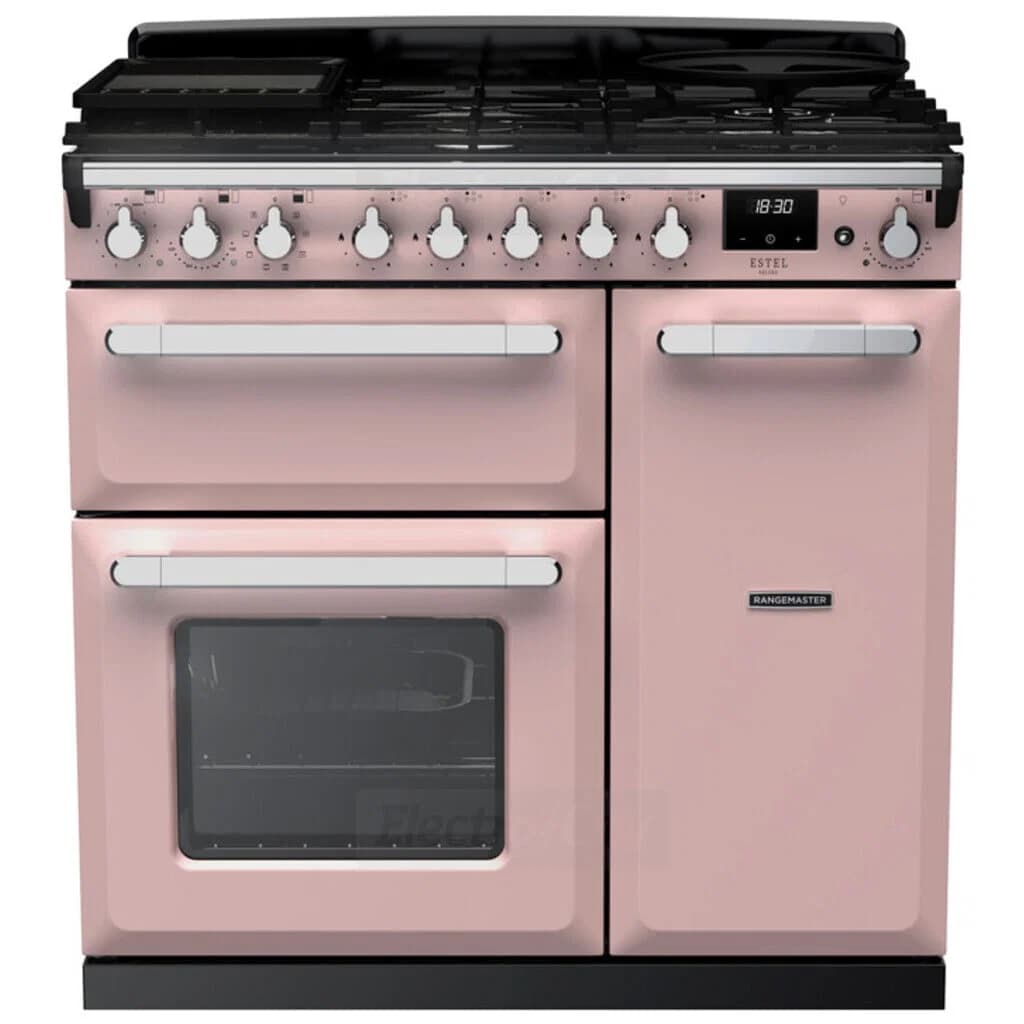 Rangemaster Estel Deluxe 90cm Dual Fuel Range Cooker | Pale Pink with Chrome Trim