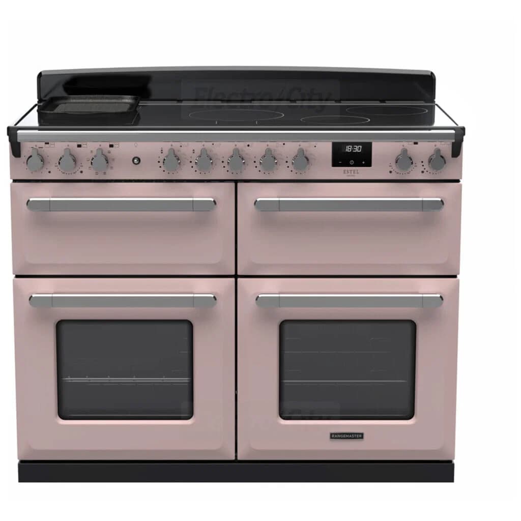 Rangemaster Estel Deluxe 110cm Induction Range Cooker with Slow Cook Oven | Pale Pink with Chrome Trim