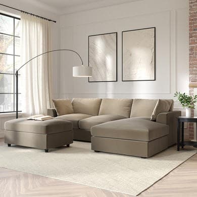 Right Hand Chaise Corner Sofa and Footstool Set in Mink Velvet - August
