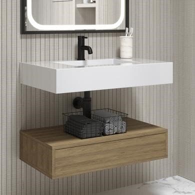 ONLY OPENED - 800mm Wood Effect Wall Hung Vanity Unit with Rectangular Basin - Oslo
