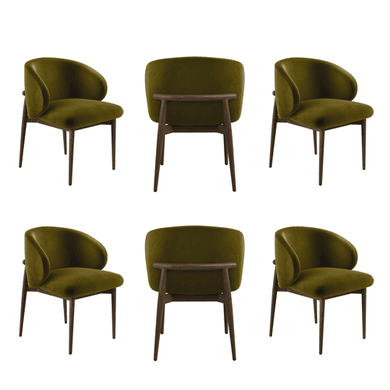 Set of 6 Walnut and Olive Green Upholstered Curved Dining Chairs with Solid Wood Exposed Back - Kori