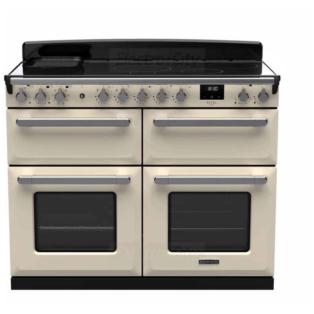 Rangemaster Estel Deluxe 110cm Induction Range Cooker with Slow Cook Oven | Pale Cream with Chrome Trim