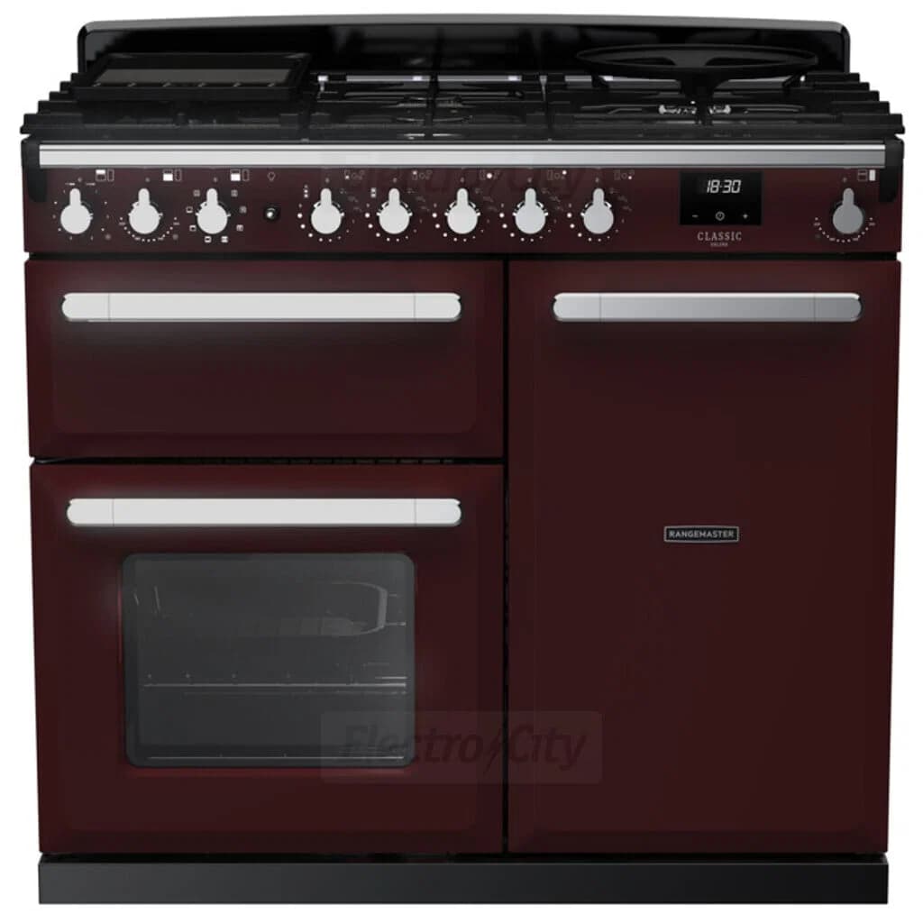 Rangemaster Estel Deluxe 100cm Dual Fuel Range Cooker | Bordeaux with Chrome Trim