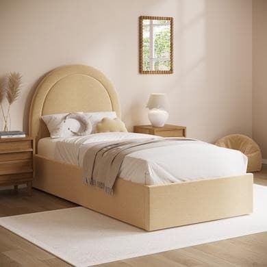 Butter yellow - Upholstered Single Side-Lift Ottoman Bed with Curved Headboard - Nora