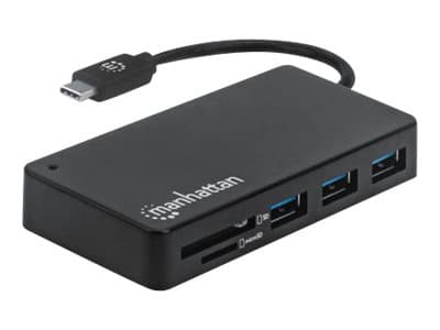 MANHATTAN - USB-C Dock/Hub with Card Reader, Ports (x3): USB-A (x3), 5 Gbps (USB 3.2 Gen1 aka USB 3.0), External Power Supply Not Needed, SuperSpeed USB, Black, Three Year Warranty, Retail Box - hub - 3 ports