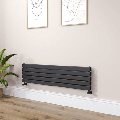 Riace Linea Midnight Black Flat Designer Radiator 350x1400mm Double Panel 2792 BTU - Horizontal Bars