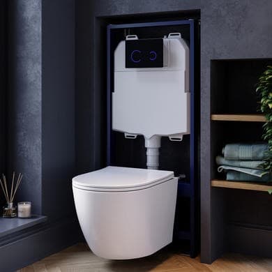 Wall Hung Rimless Toilet with Soft Close Seat, Black Glass Sensor Flush Plate, 1168mm Frame & Cistern – Roma