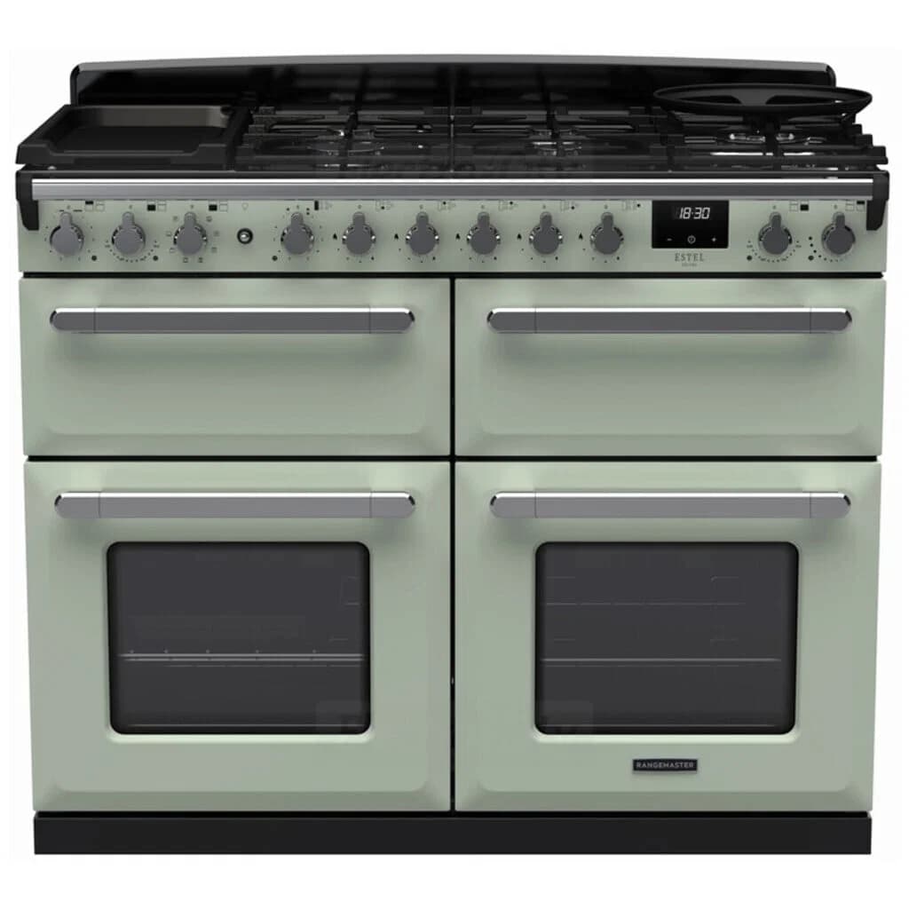 Rangemaster Estel Deluxe 110cm Dual Fuel Range Cooker with Slow Cook Oven | Mint with Chrome Trim