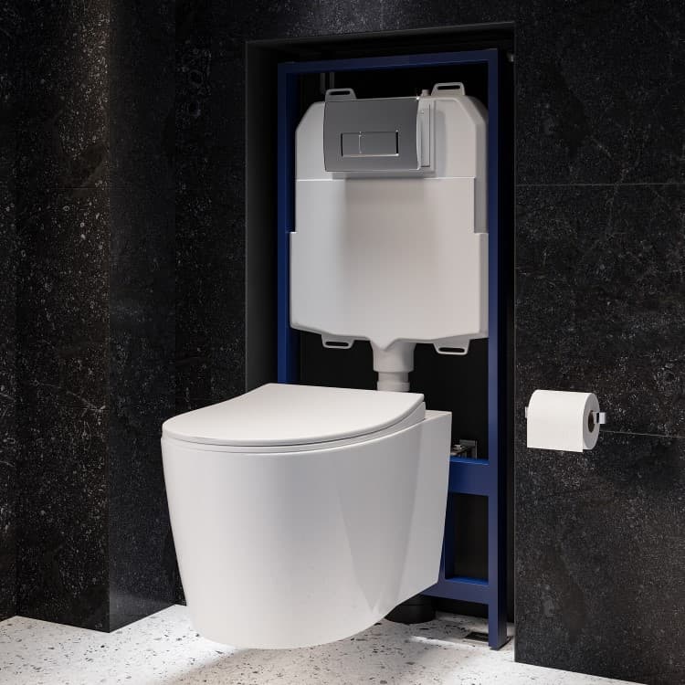 Wall Hung Rimless Toilet with Soft Close Seat, Chrome Pneumatic Flush Plate, 1168mm Frame & Cistern – Alcor