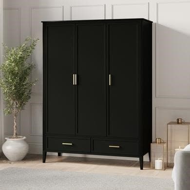 Large Black 3 Door Triple Wardrobe with Drawers - Delilah