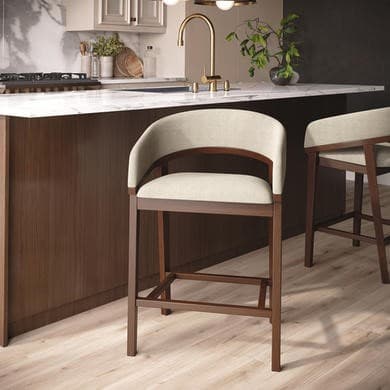 Beige - Walnut Upholstered Curved Kitchen Stools - Owen