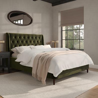 Olive green - Upholstered End-Lift Chesterfield Ottoman Storage Bed with Legs - Amara