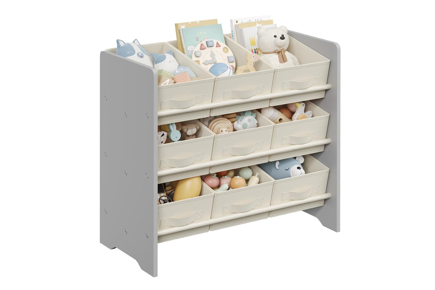 Kids Toy Storage Shelf | Book And Toy Shelves | Mdf And Non-woven Fabric | 9 Bins | White