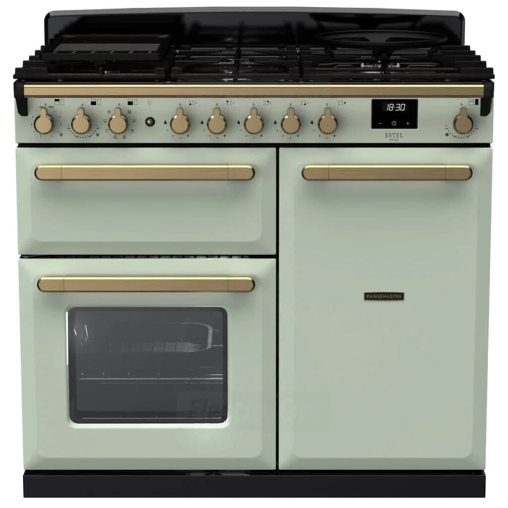 Rangemaster Estel Deluxe 100cm Dual Fuel Range Cooker | Mint with Brass Trim