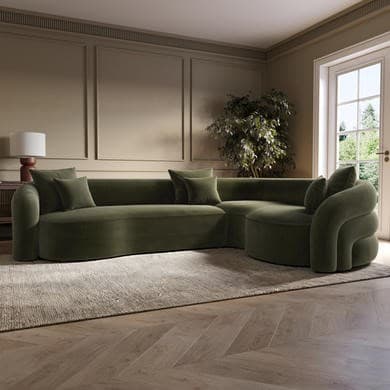 Green Velvet Right Hand Facing 4 Seater Curved Corner Sofa - Zuri