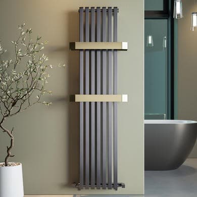 Iraya Gunmetal Vertical Single Panel Radiator with Brass Towel Bars