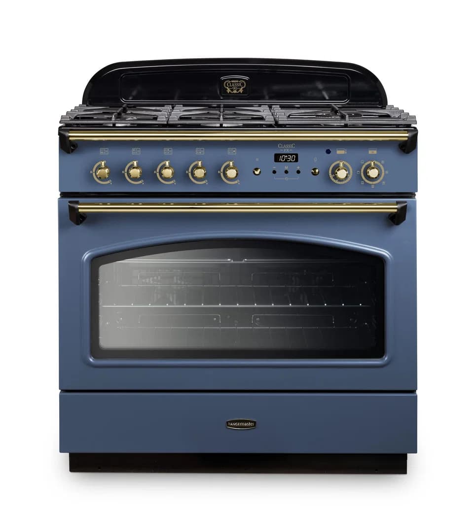 Rangemaster Classic FX 90 Dual Fuel 90cm Range Cooker | Stone Blue with Brass Trim